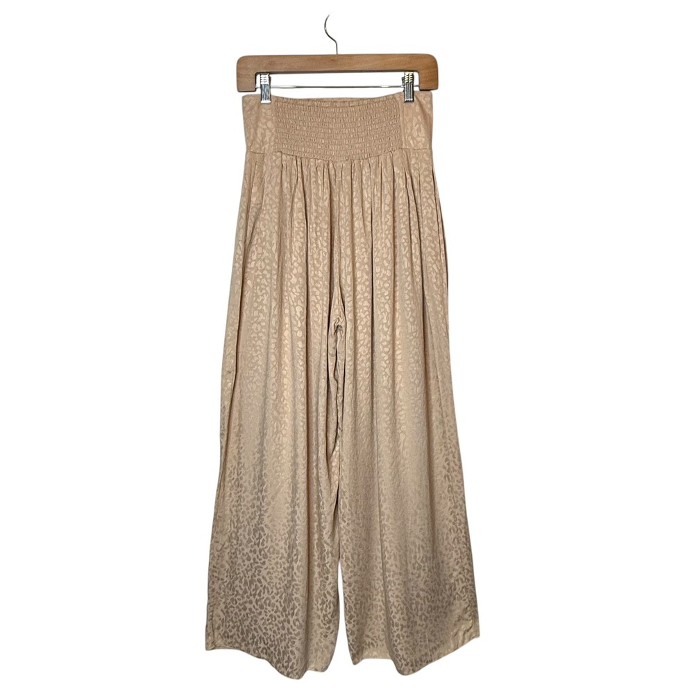 Harlow Leopard Jacquard Palazzo Wide Leg Pants Resort Wear Animal Smocked Medium - Picture 4 of 6